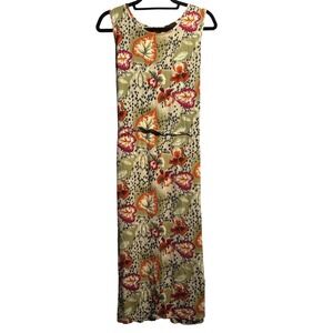 VTG 90s Floral Animal Print Crinkle Rayon Midi Maxi Dress Waist Tie Boho L Retro